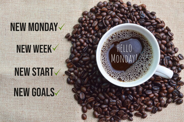 Coffee bean brown roasted and a cup of coffee with text NEW MONDAY, NEW WEEK, NEW START and NEW GOALS
