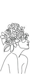 Love yourself. Love your body concept. Girl Healthcare Skincare. Take time for your self. Vector illustration. Woman hugging herself with flowers on white background. Line art drawing
