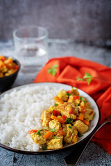 Curry chicken with rice in a plate