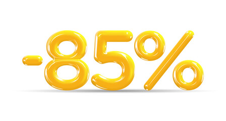 85 percent Off. Discount creative composition of golden or yellow balloons. 3d mega sale or eighty five percent bonus symbol on white background. Sale banner and poster. Vector illustration.