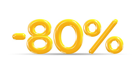80 percent Off. Discount creative composition of golden or yellow balloons. 3d mega sale or eighty percent bonus symbol on white background. Sale banner and poster. Vector illustration.