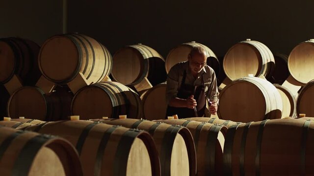 Winemaker checking on wine by sampling pipette . Man testing wine in a factory or warehouse . Portrait of a senior well-dressed winemaker checking the wine . Shot on ARRI ALEXA Camera Slow Motion .