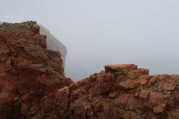 red cliff rock nountain in the fog