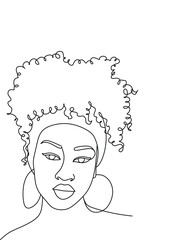 Line Art Woman Face Drawing. Black Woman Vector. Afro American Female Logo. Contouring Line. Minimalist Face. Beauty salon