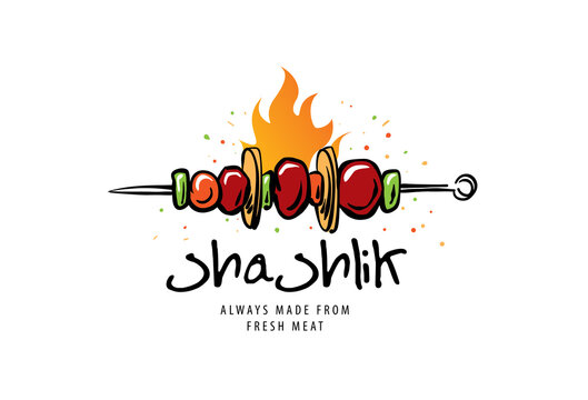 Vector logo with a drawn barbecue on a skewer
