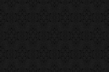 Geometric volumetric convex ethnic 3D pattern. Embossed black background in oriental, indonesian, mexican, aztec styles. Artistic texture, vintage ornament.