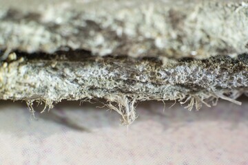 Detailed photography of roof covering material with asbestos fibres. Health harmful and hazards effects.