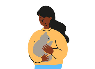 A cute woman is holding a cute kitten in her arms. A woman with a cat in her arms. Flat vector illustration. Vector illustration