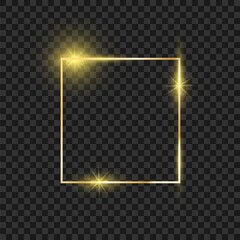 Gold luxury frame. Golden square with glowing effect. Trendy luxury magic shape. Modern border. Vector illustration