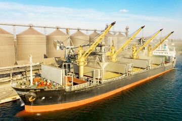 Loading grain into holds of sea cargo vessel through an automatic line in seaport from silos of grain storage. Bunkering of dry cargo ship with grain