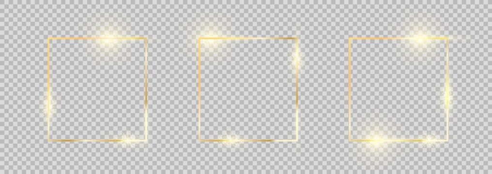 Golden frame. Square gold border set. Gold frames collection with glowing effects.