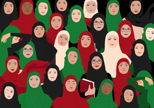 Save Afghanistan. Female faces in hijab. Illustration of Women asking for help to save them and country. 
