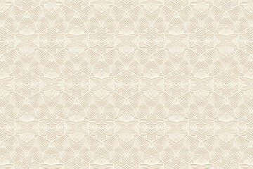 Geometric volumetric convex ethnic 3D pattern. Embossed light beige background in oriental, indonesian, mexican, aztec styles. Unique floral texture, vintage ornament.