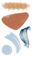 Group of textured spots and color paintbrush strokes. Abstract blue blot with lo-fi grain. Spray paint splatter. Brown grainy texture. Abstract isolated cloud for banner, poster. Set of painted dabs.