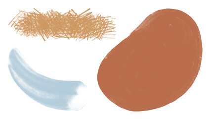 Group of textured spots and color paintbrush strokes. Abstract blue blot with lo-fi grain. Spray paint splatter. Brown grainy texture. Abstract isolated cloud for banner, poster. Set of painted dabs.