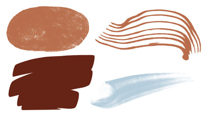 Group of textured spots and color paintbrush strokes. Abstract blue blot with lo-fi grain. Spray paint splatter. Brown grainy texture. Abstract isolated cloud for banner, poster. Set of painted dabs.