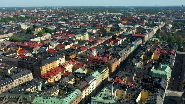 Summer aerial footage of Stockholm City. Densely residential area &Ouml;stermalm