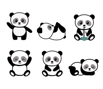 Set of stylized cute baby pandas in different positions - sleeping, playing, eating noodles, isolated on white background. Vector illustration for kids.