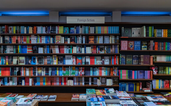 Ljubljana, Slovenia - August 10, 2021: A picture of the foreign fiction section of a bookshop in Ljubljana.