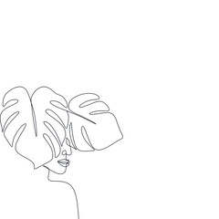 Woman line art beauty logo. Surreal Line art female floral girl. Abstract face with plants by  line drawing. Portrait minimalistic style. Nature symbol of cosmetics. Botanical logo. 
