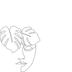 Woman line art beauty logo. Surreal Line art female floral girl. Abstract face with plants by  line drawing. Portrait minimalistic style. Nature symbol of cosmetics. Botanical logo. 

