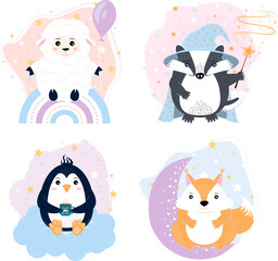 sheep on the rainbow, the wizard badger, the penguin on the cloud, the squirrel and the moon