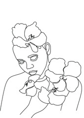 Woman line art beauty logo. Surreal Line art female floral girl. Abstract face with plants by  line drawing. Portrait minimalistic style. Nature symbol of cosmetics. Botanical logo. 
