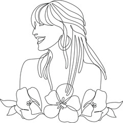 Line Drawing. Abstract face with flowers  and leaves by one line drawing. Modern continuous line art. Women line art. Beauty salon logo. Coloring book. Botanical print. Nature symbol of cosmetics.
