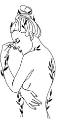Woman face in single line art style. Continuous one line portrait. Continuous line art Woman face. Elegant minimalistic portrait for prints, tattoos, posters, textiles, postcards. Vector illustration