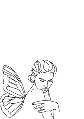 Abstract men face with butterfly by one line drawing. Buttrfly Line Art. Portrait minimalistic style. Botanical print. Nature symbol of cosmetics. Fashion print. Beaty salon art