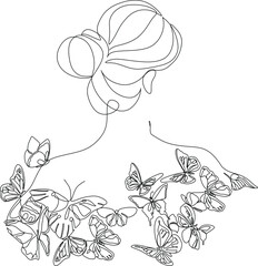 Abstract men face with butterfly by one line drawing. Buttrfly Line Art. Portrait minimalistic style. Botanical print. Nature symbol of cosmetics. Fashion print. Beaty salon art