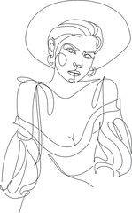 Line Drawing. Abstract face with flowers  and leaves by one line drawing. Modern continuous line art. Women line art. Beauty salon logo. Coloring book. Botanical print. Nature symbol of cosmetics.