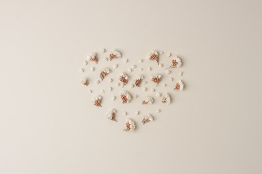 Minimal composition with a heart shape of flowers  on pastel beige background. Flat lay, copy space