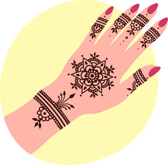 Indian mehendi for wedding on woman hand, henna art in arabic culture vector illustration 