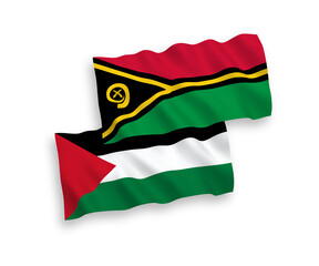 National vector fabric wave flags of Republic of Vanuatu and Palestine isolated on white background. 1 to 2 proportion.