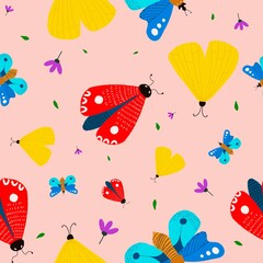 beautiful colorful insects on blue background with square pattern on fabric background original design pattern for backgroundCarpets, wallpapers, clothes, cloth wraps, batik, fabrics, sarongs, embroi