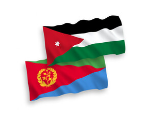 National vector fabric wave flags of Eritrea and Hashemite Kingdom of Jordan isolated on white background. 1 to 2 proportion.
