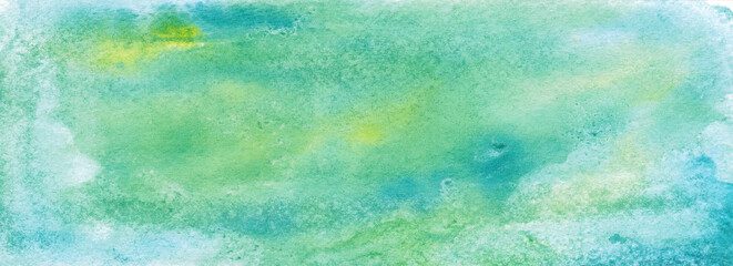 Green blue yellow watercolor. Abstract colorful art background with copy space for design. Wide banner. Website header.