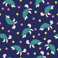 Cheerful seamless pattern with turtle and starfish on a blue background. Education for children, fairy tales and coloring pages. Vector illustration in flat style
