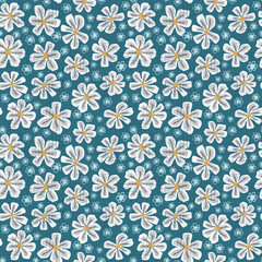 Seamless kids pattern with white flowers. Creative kids floral texture for fabric, wrapping, textile, wallpaper, apparel. Seamless pattern with creative decorative flowers in naive style.