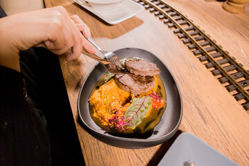 Meat steak on a plate with mashed potatoes