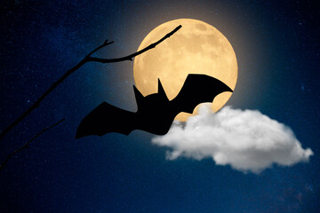 halloween spooky dark background with bats and full moon