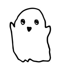 Vector cute ghost. a hand-drawn cartoon flying ghost with a funny face in the style of doodles, isolated by a black outline on a white background for a Halloween holiday design template