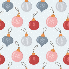 Christmas ball vector seamless pattern. Hand drawn colorful winter background with christmas tree baubles