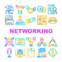 Networking Global Communication Icons Set Vector. People Networking Connection And Discussion, Cards Exchange And Direction Choice, Personal Rating And Team Work Line. Color Illustrations