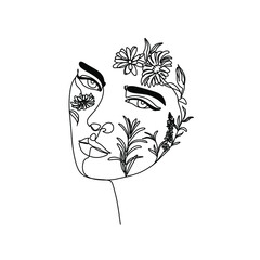 Flower face woman line drawing. Modern continuous line art. Women line art. Beauty salon logo. Coloring book. Botanical print. Nature symbol of cosmetics. Fashion logo.