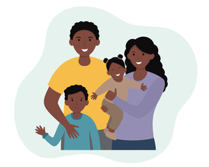 A happy African American family. Parents and children. Father, mother, daughter, son. Vector illustration in a flat style.