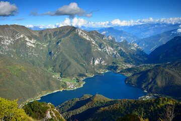 Lago di Ledro and its surrounding mountains. Fantastic view from Monte Corno. Trentino, Italy.