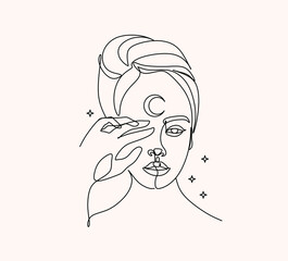 Mysterious lady with moon in her hair. Vector hand drawn illustration in boho style
