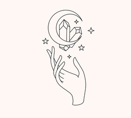 Mysterious lady with moon in her hair. Vector hand drawn illustration in boho style

